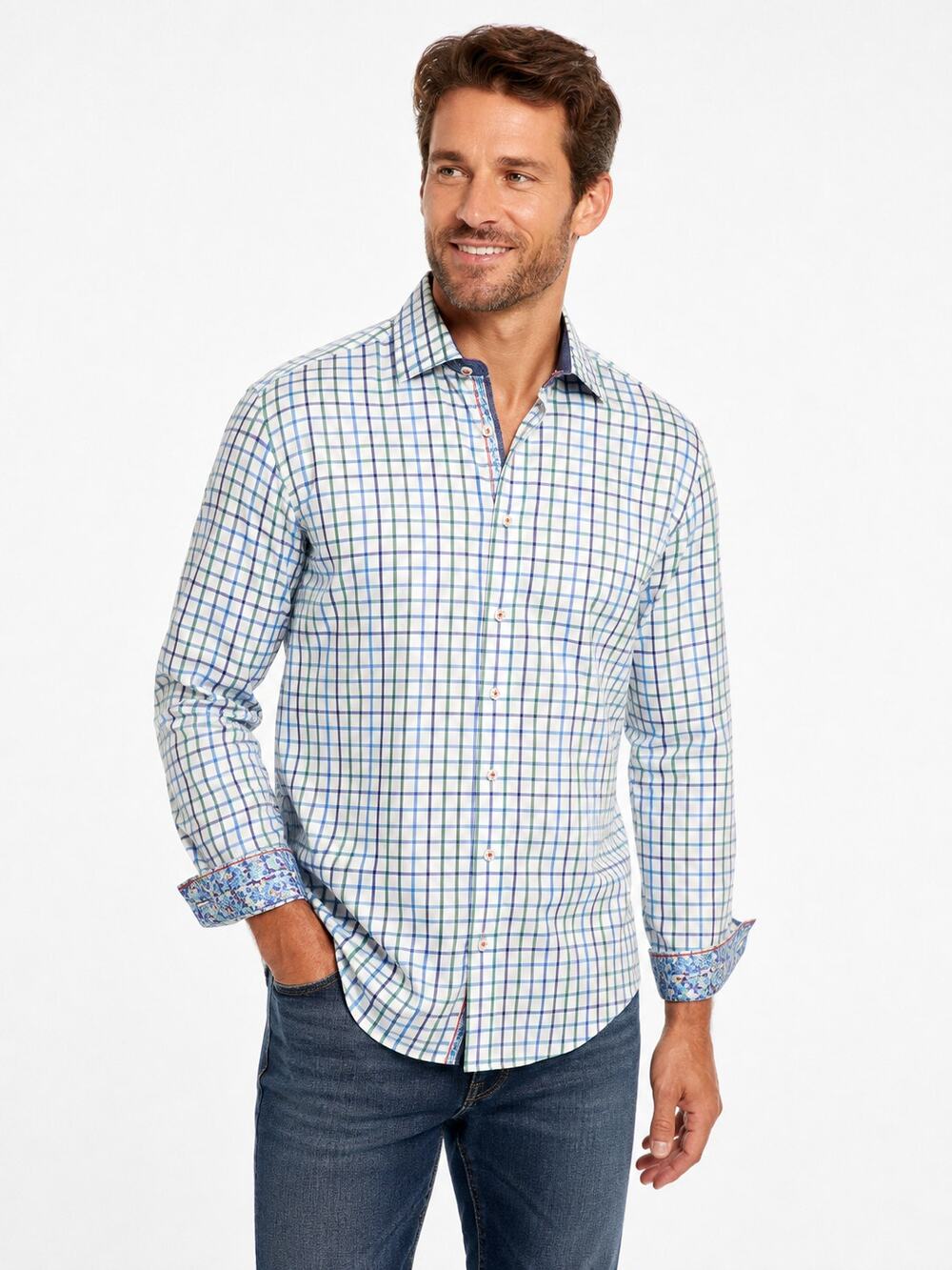 Robert Graham Button Down Shirt Large Tailored Fit Plaid Blue Green White